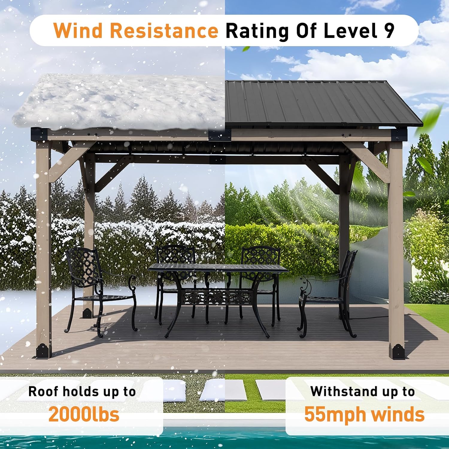 Aoodor 10 x 12 ft Wooden Frame Gazebo with Single Galvanized Metal Hardtop Roof, Outdoor Patio Gazebo with Charging Socket for Patio, Backyard, Deck, and Lawn