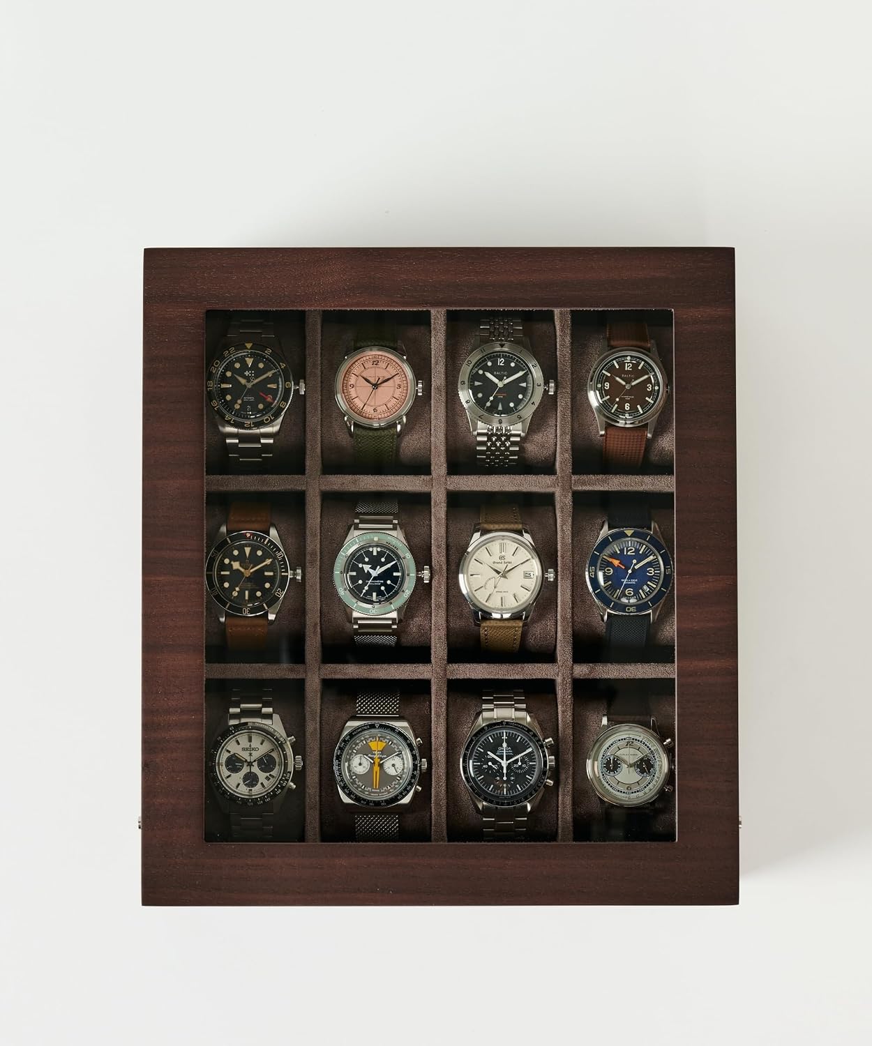 TAWBURY Wooden Watch Case - 12 Slot Wood Watch Box for Men & Women with Glass Display, Protective Fully Lined Interior and 2-inch Wide Pillows for Small & Large Watches (Dark Walnut)