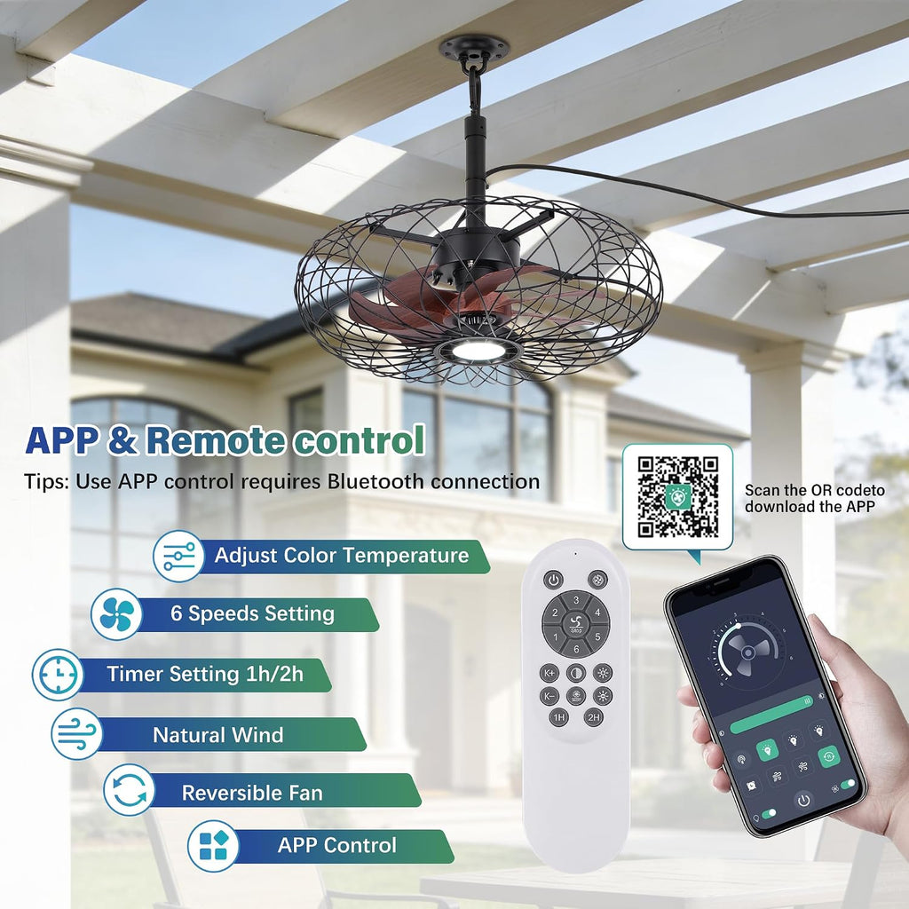 PAZALA 20' Gazebo Ceiling Fans with Lights and Remote Control, Waterproof Enclosed Caged Ceiling Fan with 3 Color LED Light, Portable Hanging Outdoor Fan with Plug in Cord Hook for Patios Black