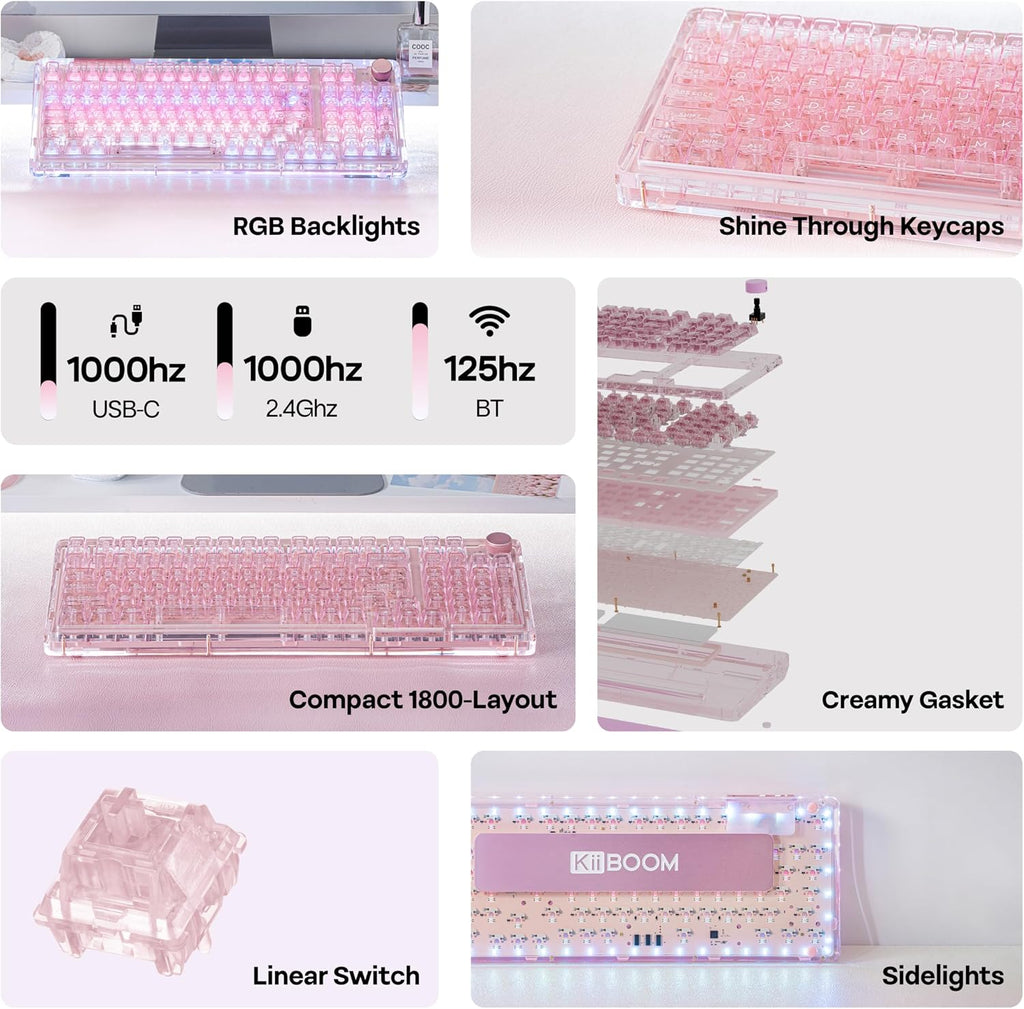 KiiBoom Phantom 98 Crystal Mechanical Gaming Keyboard, Transparent Keyboard with RGB Backlits, Hot-Swappable, Shine Through Clear Keycaps, 3 Modes Wireless, 8000mAh Battery, NKRO for Win/Mac (Pink)