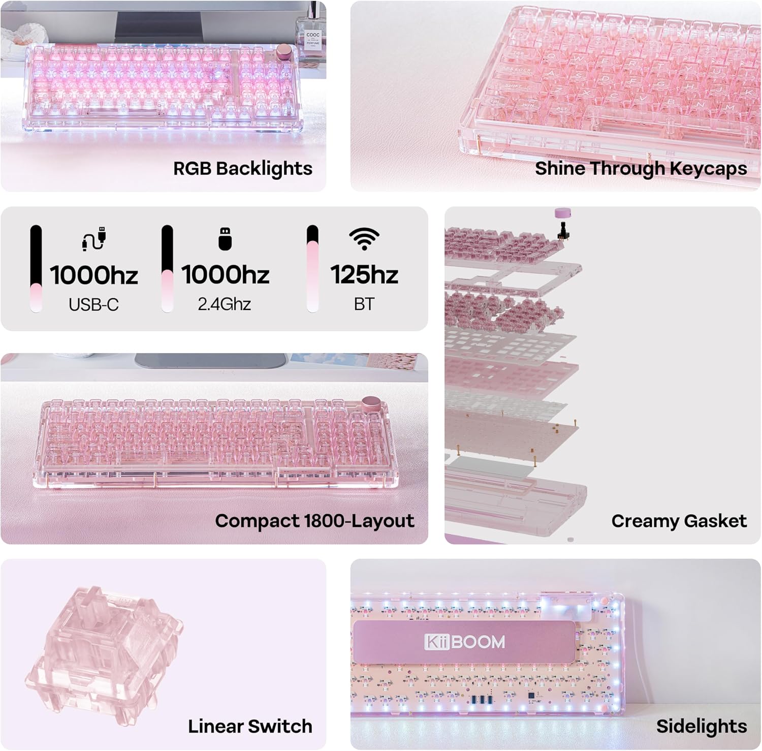 KiiBoom Phantom 98 Crystal Mechanical Gaming Keyboard, Transparent Keyboard with RGB Backlits, Hot-Swappable, Shine Through Clear Keycaps, 3 Modes Wireless, 8000mAh Battery, NKRO for Win/Mac (Pink)