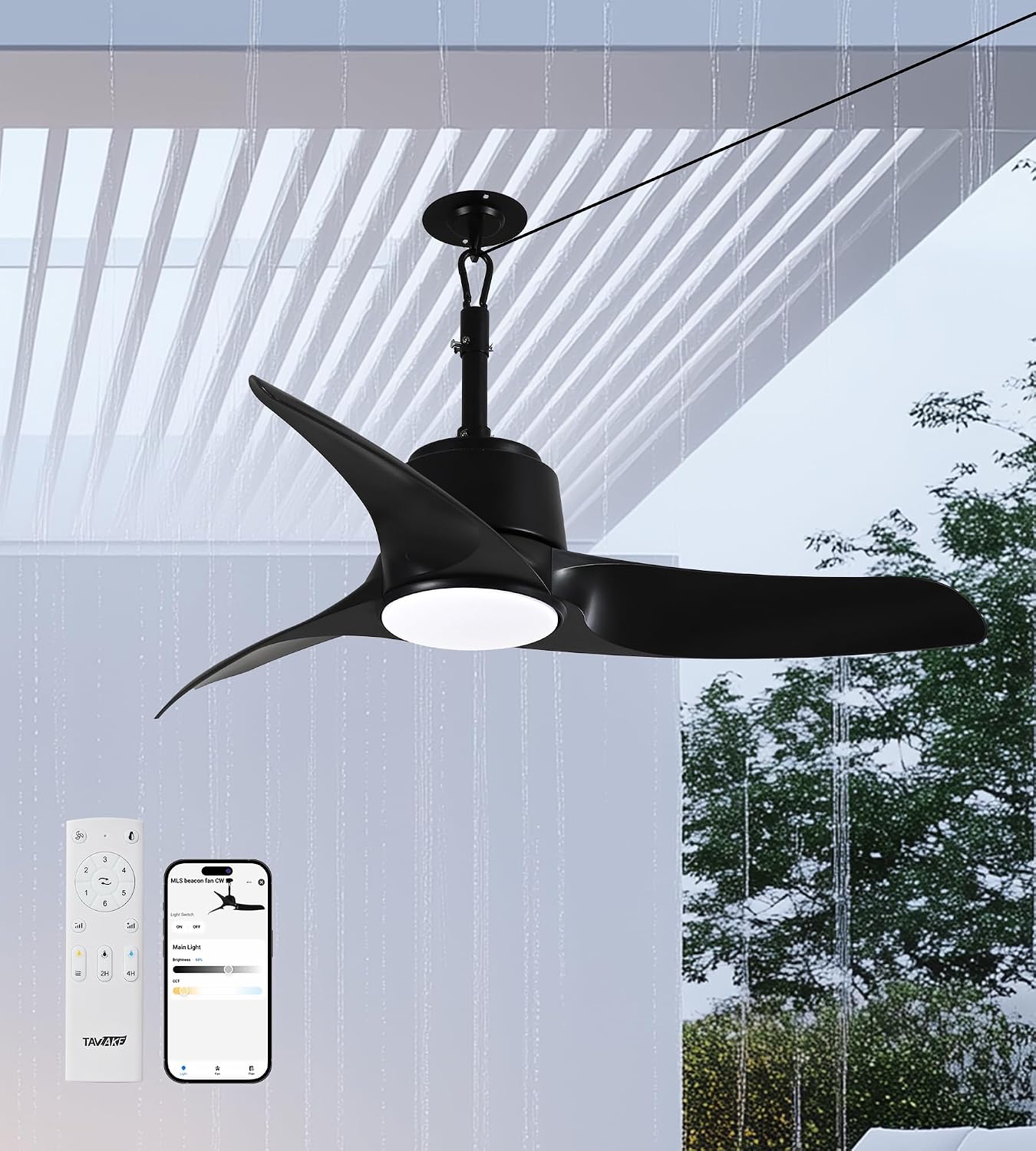 42' Outdoor Ceiling Fans with Lights, IP66 Wet Rated Waterproof Ceiling Fan with Remote Control, 6-Speed DC Motor, Farmhouse Gazebo Fan for Porch Patios Pavilion (Black)