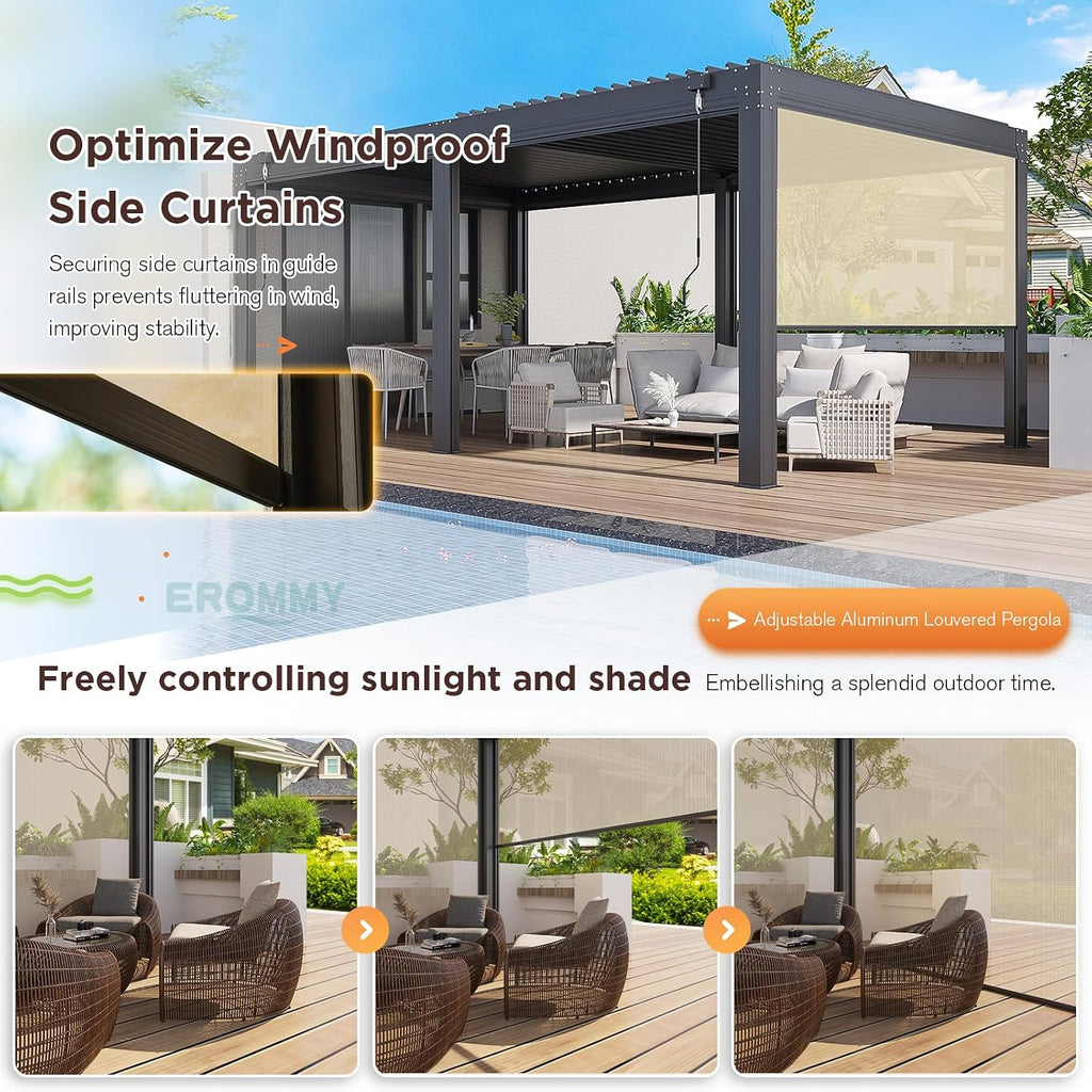 EROMMY 12x20 Louvered Pergola with Side Pull-Down Screen, Outdoor Aluminum Pergola with Thickened Frame and Adjustable Metal Rainproof Roof for Deck Patio Garden Yard, Black-Gray