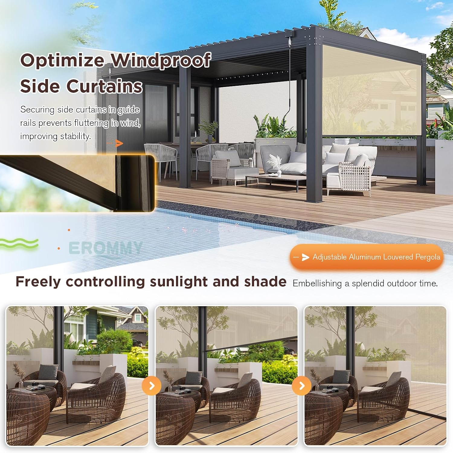 EROMMY 12x20 Louvered Pergola with Side Pull-Down Screen, Outdoor Aluminum Pergola with Thickened Frame and Adjustable Metal Rainproof Roof for Deck Patio Garden Yard, Black-Gray