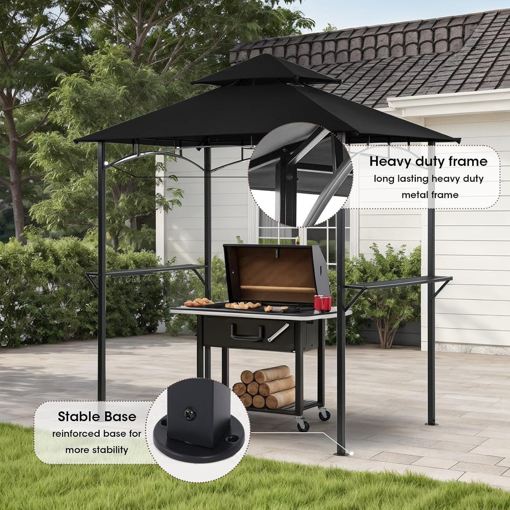 Grill Gazebo Canopy, 8'x 5' Outdoor BBQ Gazebo Shelter, Patio Double Tiered Tent for Barbecue and Picnic (Black)