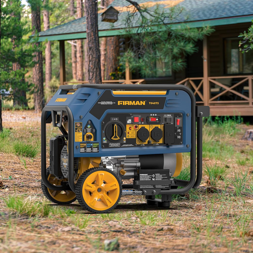 FIRMAN T04073 Tri Fuel Portable Generator, 5000W Gas 4000W Running, 4500W Propane 4000W Natural Gas, Electric Start, 120/240V, CO Alert, Low Oil Shut Off, for Home, RV, Backup, Camping, Outdoor Power