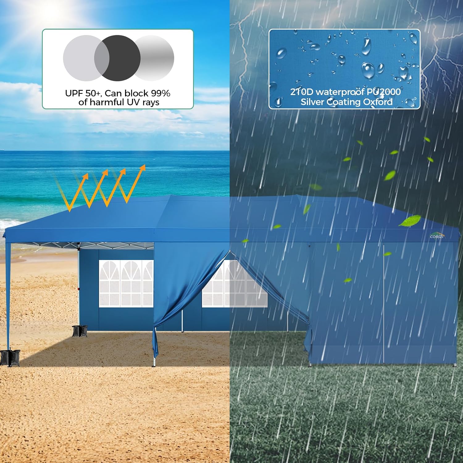 COBIZI 10x30 Pop Up Canopy Tent with 5 Sidewalls Party Tents for Parties Weddings Backyard Waterproof Commercial Instant Outdoor Events Tent with Stakes, Ropes,Sandbags（10 x 30 ft Blue