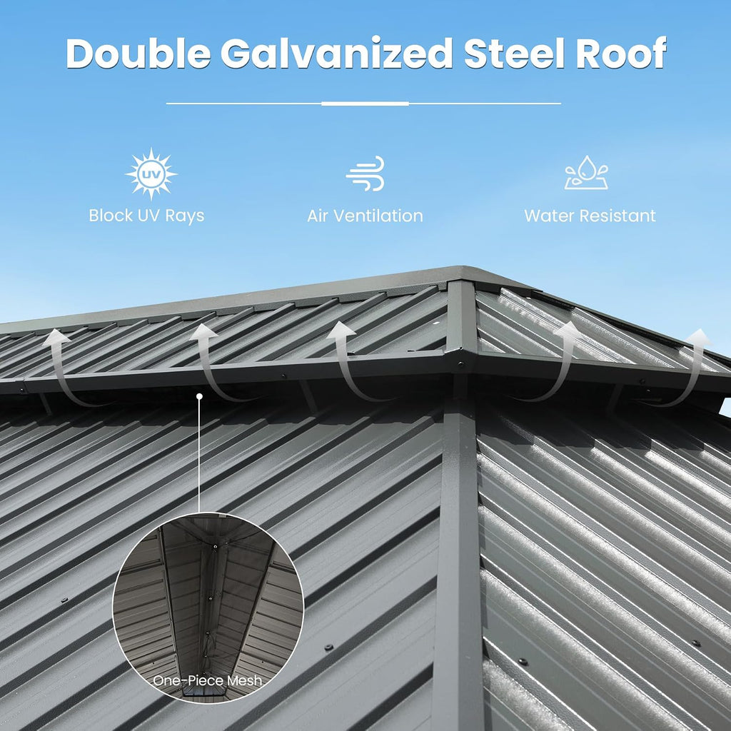 Domi 14' X 24' Hardtop Gazebo, Upgraded Metal Gazebo with Drainage System, Dual-Layer Galvanized Steel Roof, Curtain and Netting, Outdoor Shelter Canopy for Patio, Garden, and Backyard, Grey