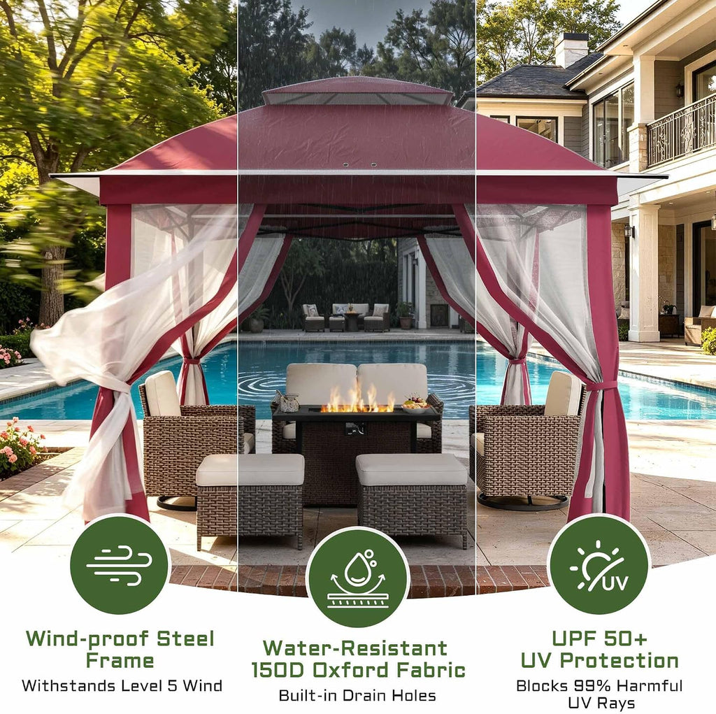 11'X11' Gazebo Pop Up with 4 Sidewalls Mosquito Netting, Heavy Duty Patio Gazebo Canopy Tent with Double Air Roofs for Backyards, Patios, Decks, Gardens, Parks