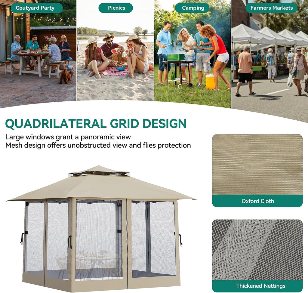 YITAHOME 13'x13' Pop Up Gazebo Double Roof Patio Gazebo, Outdoor Portable Canopy Instant Tent with Netting for Lawn, Garden, Backyard and Deck, Beige