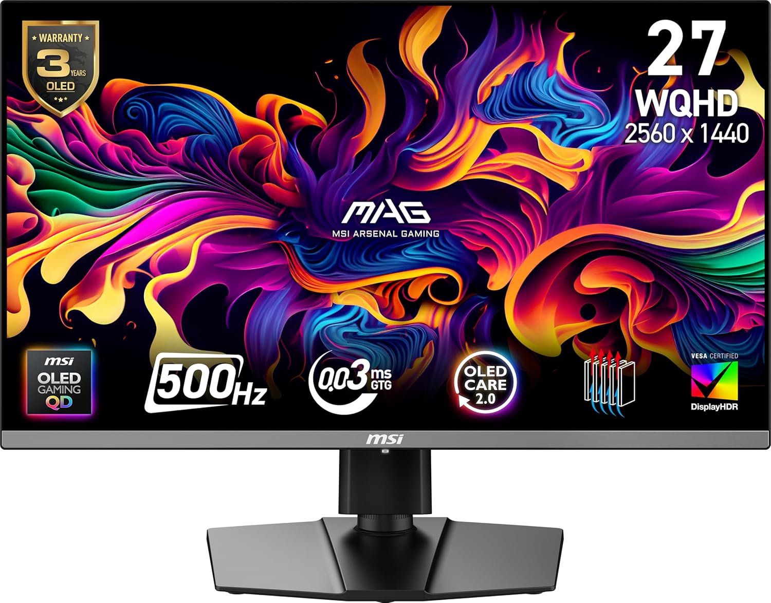 msi, MAG 272QP QD-OLED X50, 27-Inch, WQHD, 2560x1440, Gaming Monitor, Quantum Dot OLED Panel, 500Hz, 0.03ms, DisplayHDR True Black 500, HDMI 2.1, DP 1.4a, USB C (15WPD), Tilt/Height Adjustable, Black