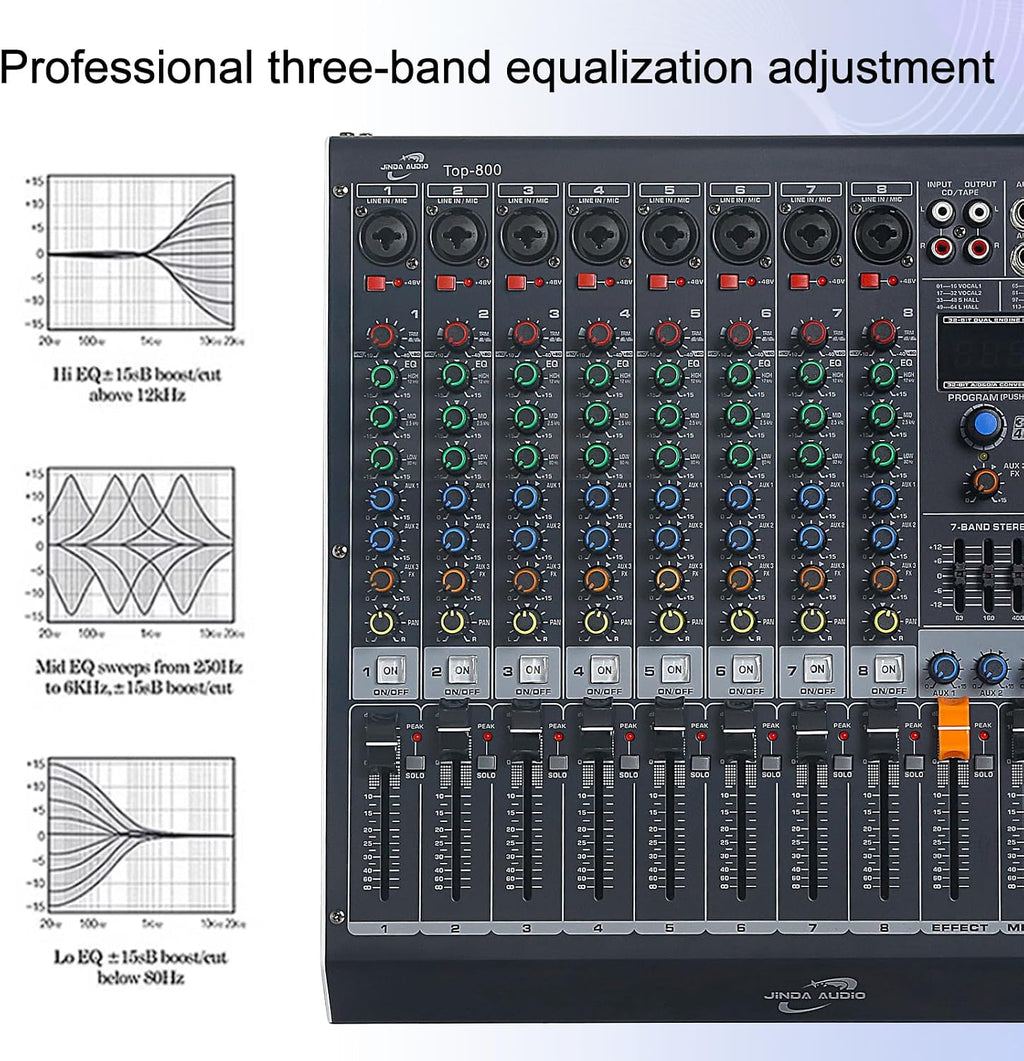 Audio Mixer 8 Channel, DJ Mixer Board with Bluetooth and Usb, Audio Sound Card with Interface Recording and 48V Phantom Power, Sounds Mixer with 256 DSP FX Reverb Delay Effect for Streaming