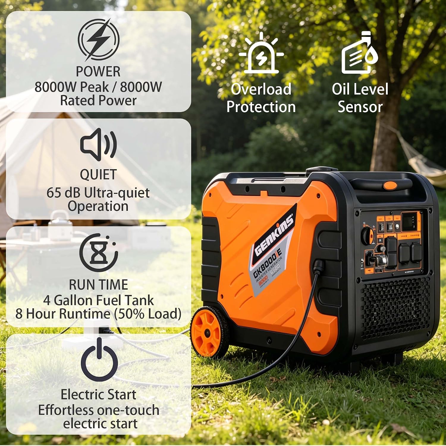 Genkins 8000W Inverter Generator Outdoor Portable Generators Gas Powered Super Quiet with Electric Start Ideal for Home Backup, RV, Camping, Travel