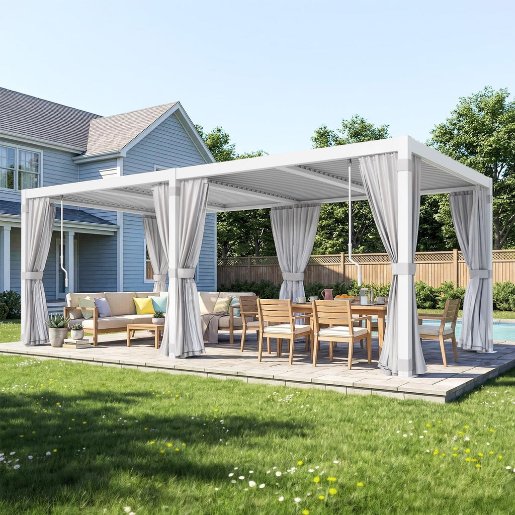 MELLCOM Louvered Pergola 10x20, Steel Aluminum Pergola with Adjustable Louvered Roofs, Outdoor Gazebo with Waterproof Curtains and Nets, White