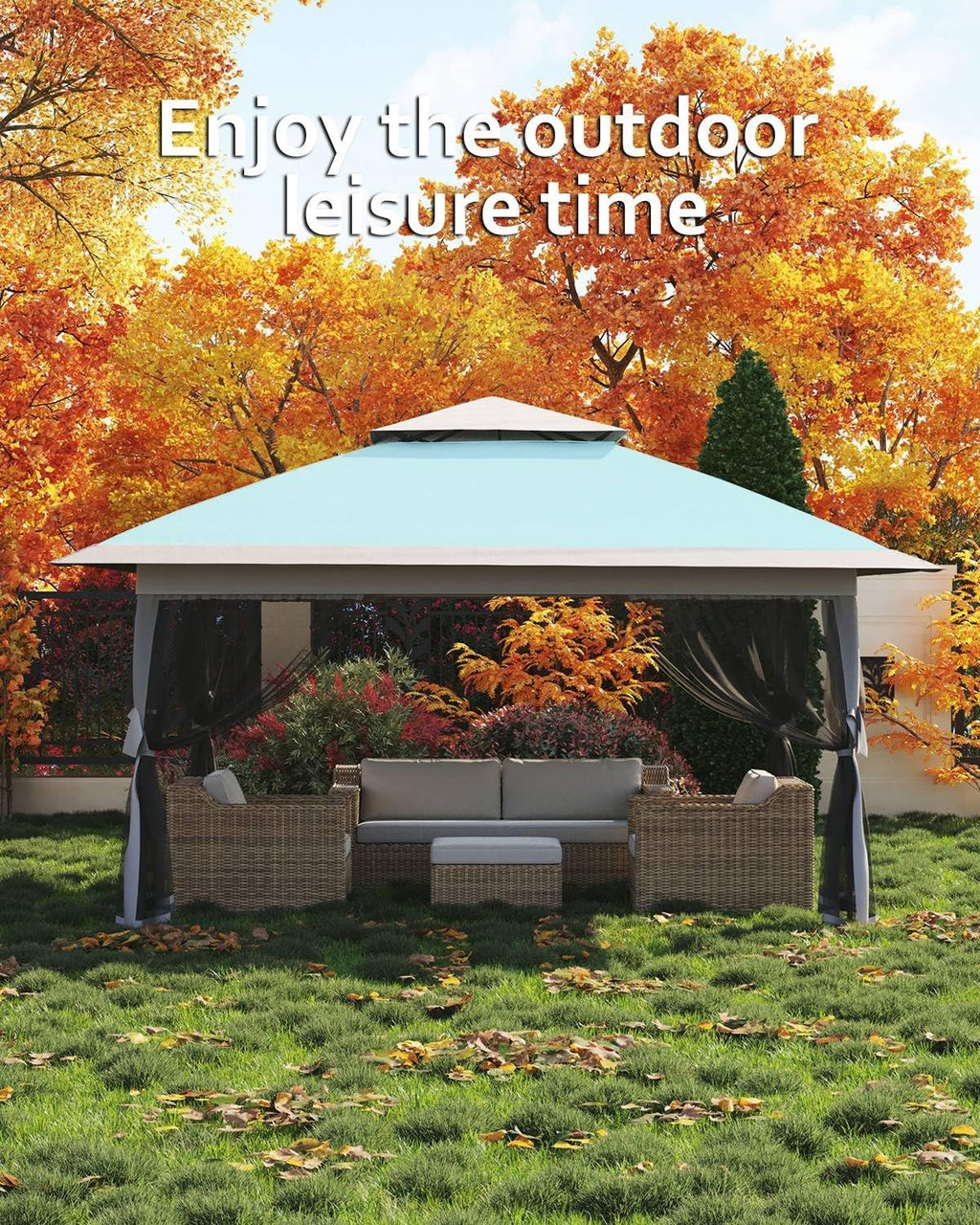Garveelife Pop Up Gazebo 12x12, Canopy Tent with Mosquito Netting, One Push Setup for Backyard Patio Garden with 4 Sand Bags- Blue