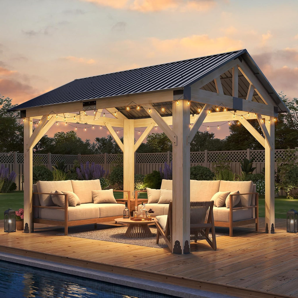 Wood Gazebo 10'x12', Cedar Wooden Gazebos, Outdoor Hardtop Gazebo with Waterproof Steel Roof, Fit Patio, Backyard, Garden, Lawns, Porch