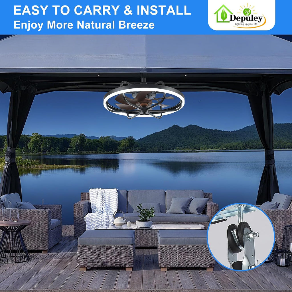 Depuley 20' Outdoor Ceiling Fan with Lights, Walnut and Black Waterproof Gazebo Hanging Fan with Remote App Control, Dimmable Plug in Caged Outdoor Ceiling Fans for patios Porch 6-Speeds