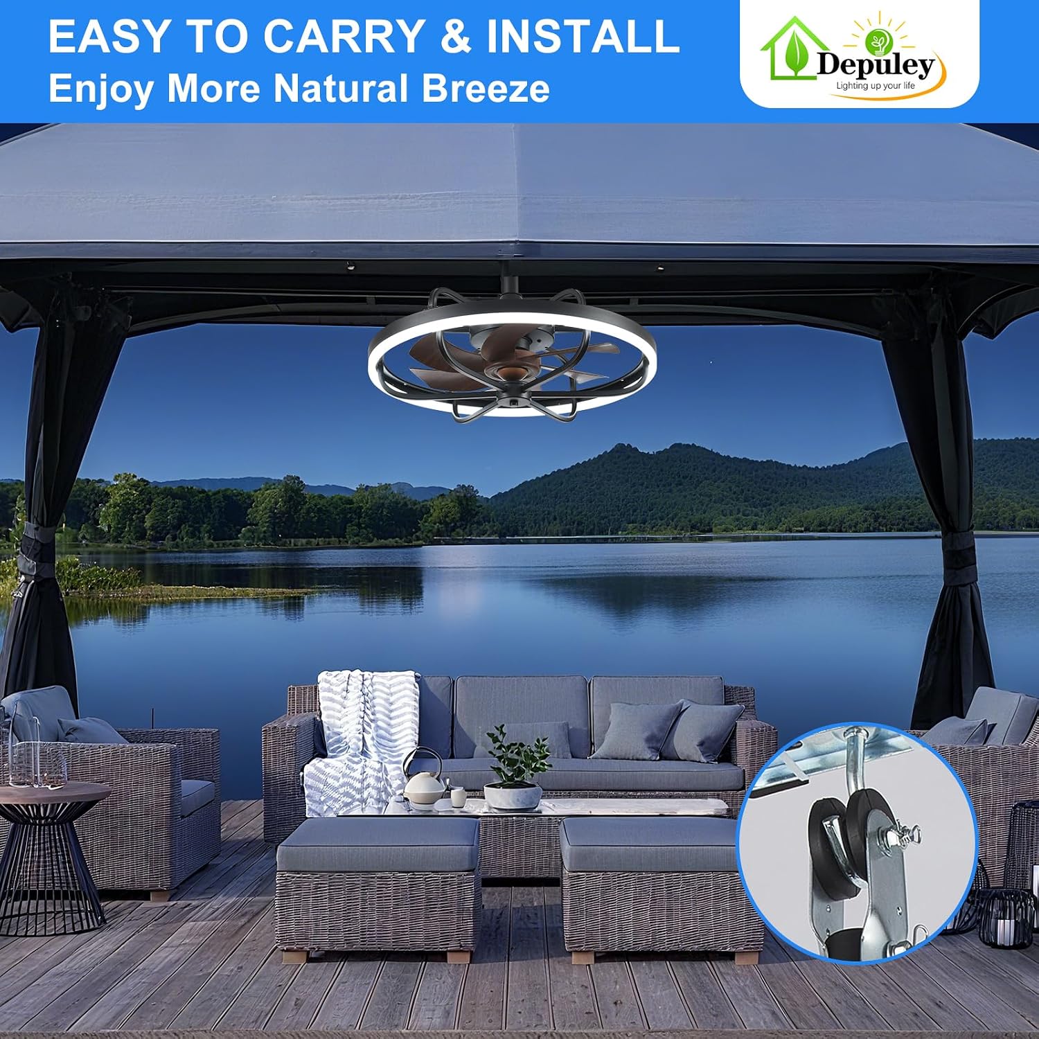 Depuley 20' Outdoor Ceiling Fan with Lights, Walnut and Black Waterproof Gazebo Hanging Fan with Remote App Control, Dimmable Plug in Caged Outdoor Ceiling Fans for patios Porch 6-Speeds