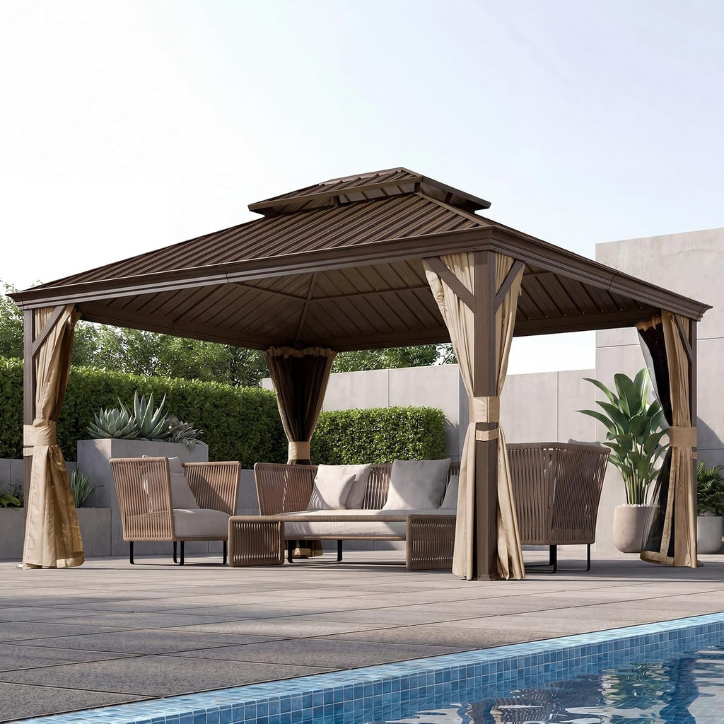 Domi 10x12 Outdoor Gazebo, Hardtop Gazebo with Aluminum Frame, Heavy Duty Pavilion Gazebo for Patio Deck Backyard, Curtain and Netting Included, Dark Brown