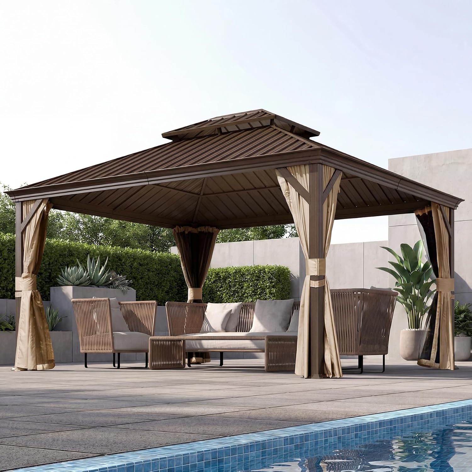 Domi 10x12 Outdoor Gazebo, Hardtop Gazebo with Aluminum Frame, Heavy Duty Pavilion Gazebo for Patio Deck Backyard, Curtain and Netting Included, Dark Brown