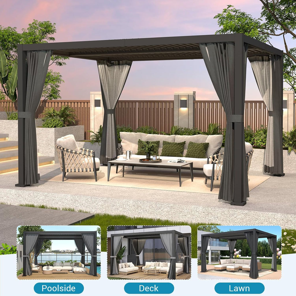 LVUYOYO Louvered Pergola 10' x 12', Outdoor Pergola with Adjustable Roof, Patio Aluminum Frame Metal Gazebo with Curtains and Netting for Patio, Backyard, Garden, Deck (Black)