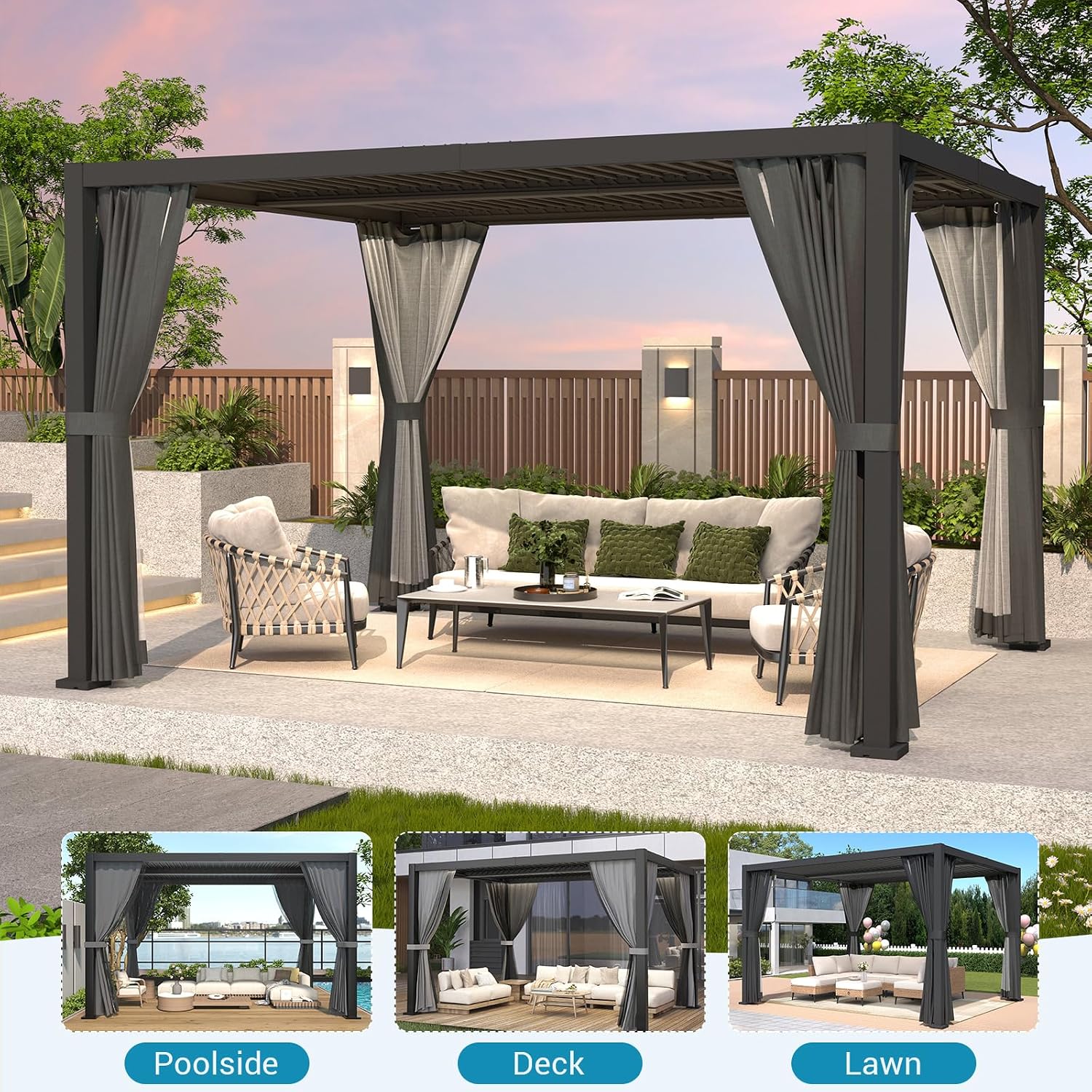 LVUYOYO Louvered Pergola 10' x 12', Outdoor Pergola with Adjustable Roof, Patio Aluminum Frame Metal Gazebo with Curtains and Netting for Patio, Backyard, Garden, Deck (Black)