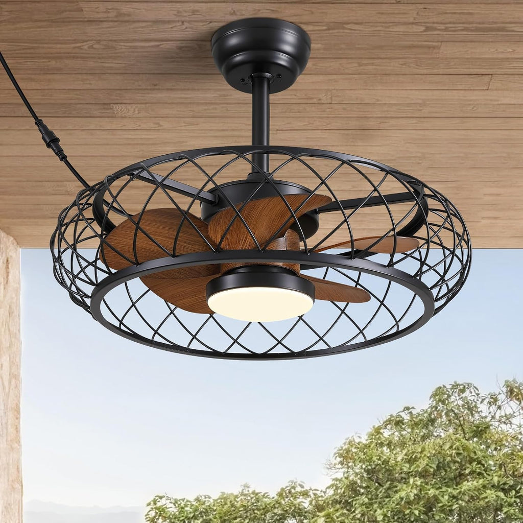 24' Outdoor Ceiling Fan with Lights Hanging Plug in Caged Outdoor Fan Remote APP Control 3CCT Dimmable, Quiet Reversible DC Motor Waterproof for Patio Pergola Porch Canopy Walnut