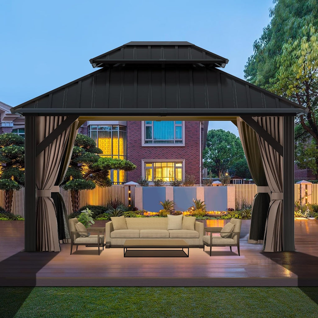 10'x12' Hardtop Gazebo, Outdoor Double Roof Galvanized Steel Gazebo, Aluminum Frame Permanent Pavilion with Curtains & Netting for Backyard, Patio, Deck (Galvanized Steel Top, 10x12 FT)