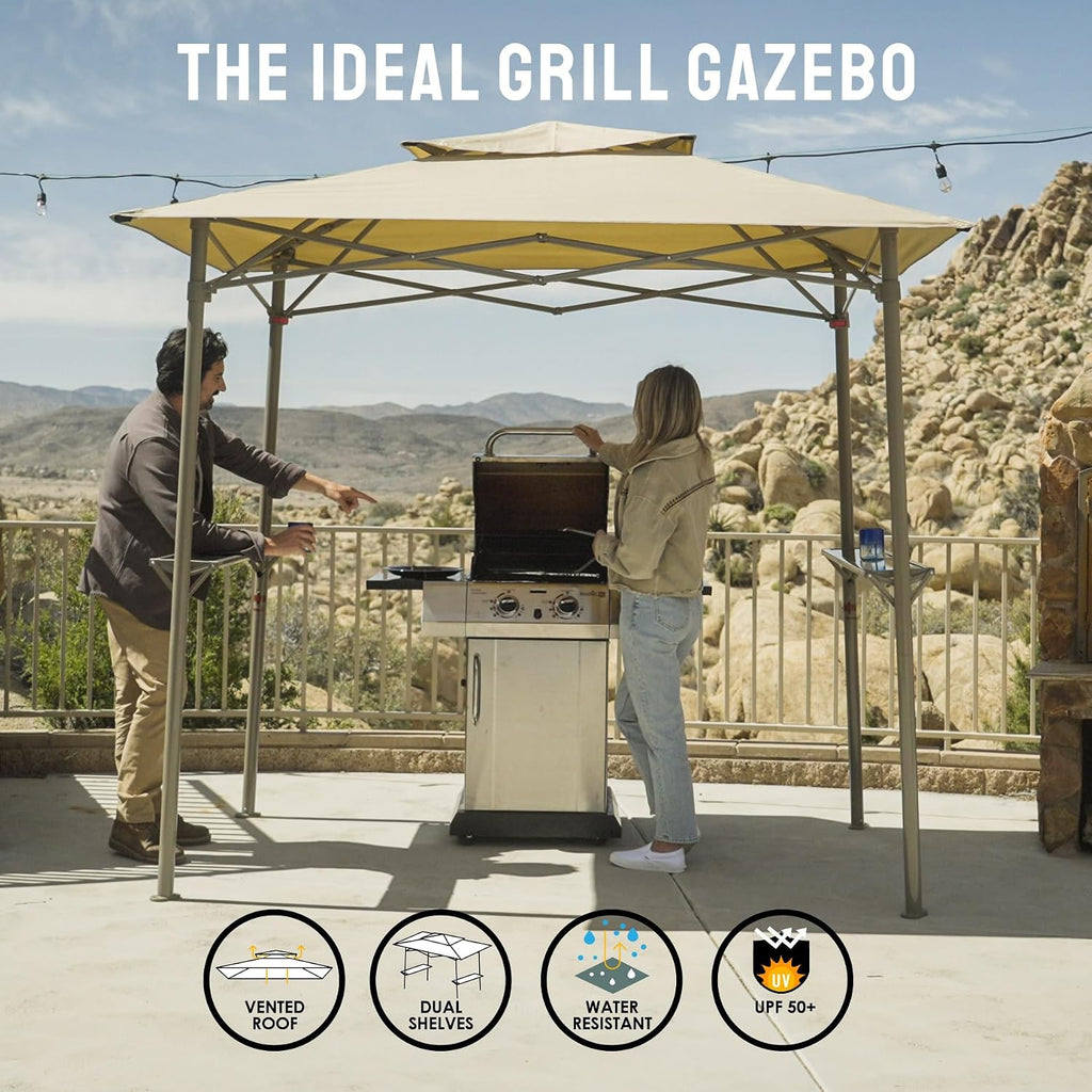 Crown Shades 8x5 Grill Gazebo - Pop Up Canopy for BBQ and Backyard Patio - Easy Outdoor Barbecue Shade Cover with Double Tier Vented Top & 2 Side Shelves (Beige)