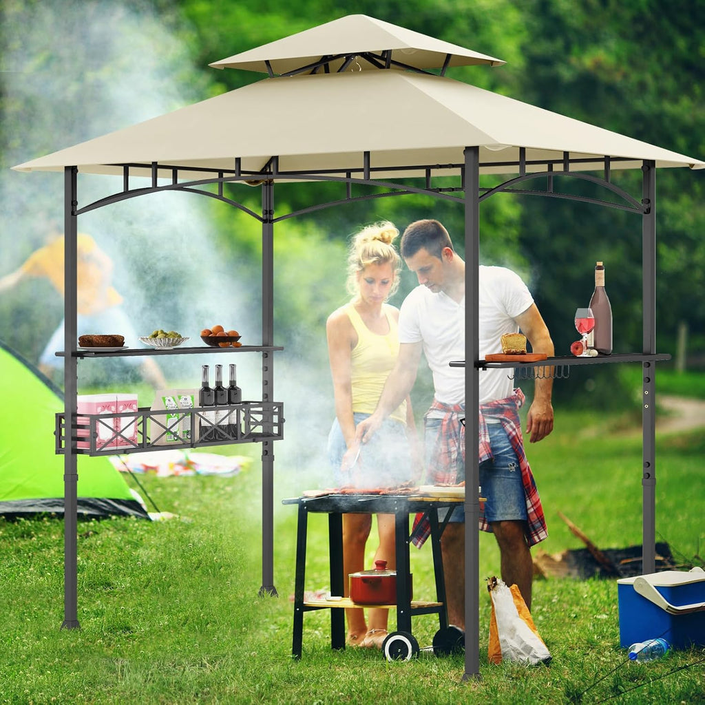 HAPPYGRILL 8 x 5 FT BBQ Grill Gazebo with 2 Side Shelves, Storage Basket, Hanging Hooks, Bottle Opener, Double-Tiered Top, Metal Frame, Outdoor Barbecue Canopy, Grilling Shelter for Patio Garden Yard