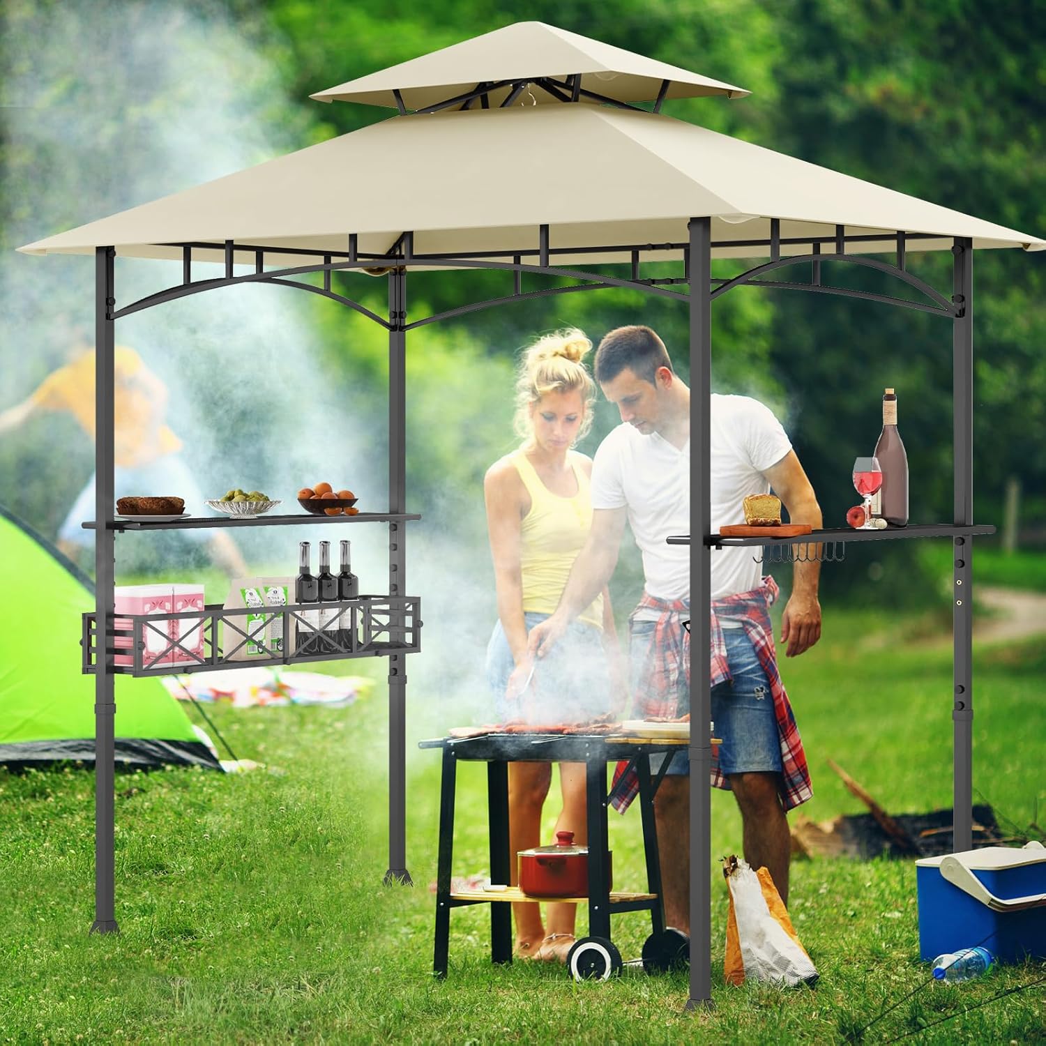 HAPPYGRILL 8 x 5 FT BBQ Grill Gazebo with 2 Side Shelves, Storage Basket, Hanging Hooks, Bottle Opener, Double-Tiered Top, Metal Frame, Outdoor Barbecue Canopy, Grilling Shelter for Patio Garden Yard