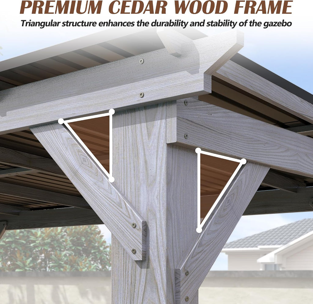 6.5x12.5 FT Wood Grill Gazebo, BBQ Wooden Gazebo with Hardtop Galvanized Steel Roof, Outdoor Cedar Wood Gazebos with 2 Side Shelves for Barbecue, Garden, Deck