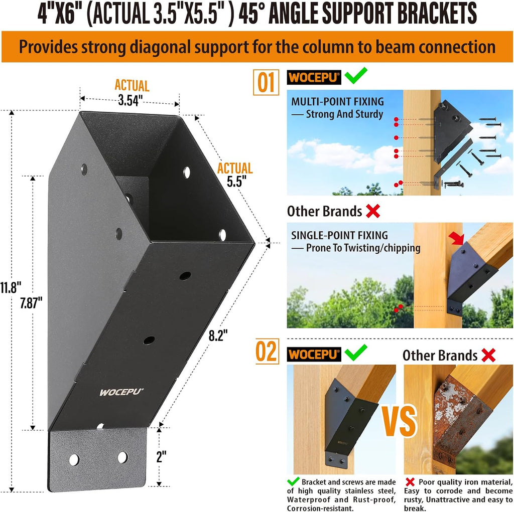 4pack 45 Degree Angle Support Bracket, for 4x6 (Actual 3.5''x5.5'') Pergolas, Gazebo, Deck Porch, Cabin Elevated Wood Support Kit (Frosted-Black)