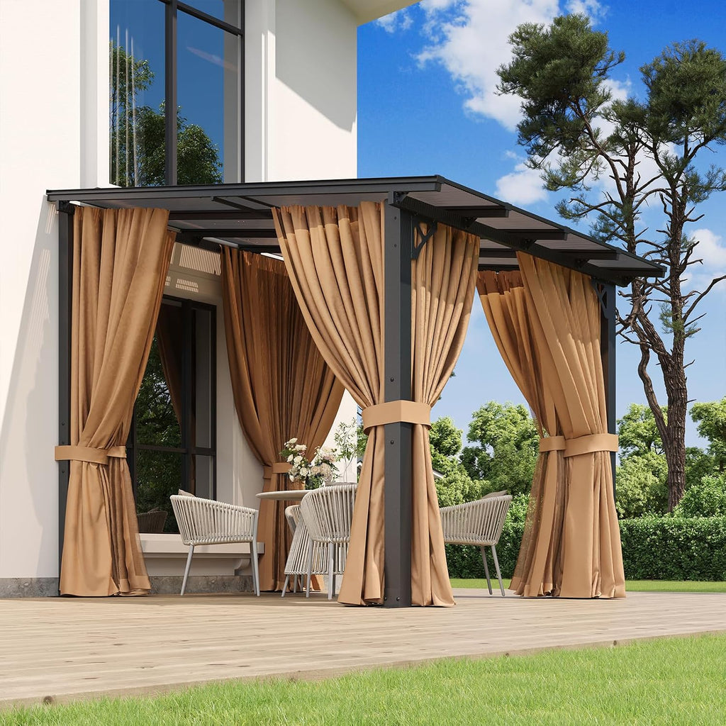 Aoxun 8'x10' Lean to Gazebo with Mosquito Net and Curtains, Aluminum Frame, Polycarbonate Panel, Wall Mounted Pergola with Sloped Roof for Backyard, Porch, Deck