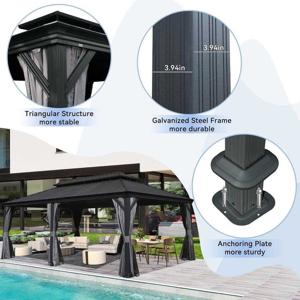14' x 24' Outdoor Hardtop Gazebo with Gutters, Permanent Metal Hard Top Gazebo, Double Roof Galvanized Heavy Duty with Curtains and Netting for Backyard, Patio, Deck, Hot Tub, Grey
