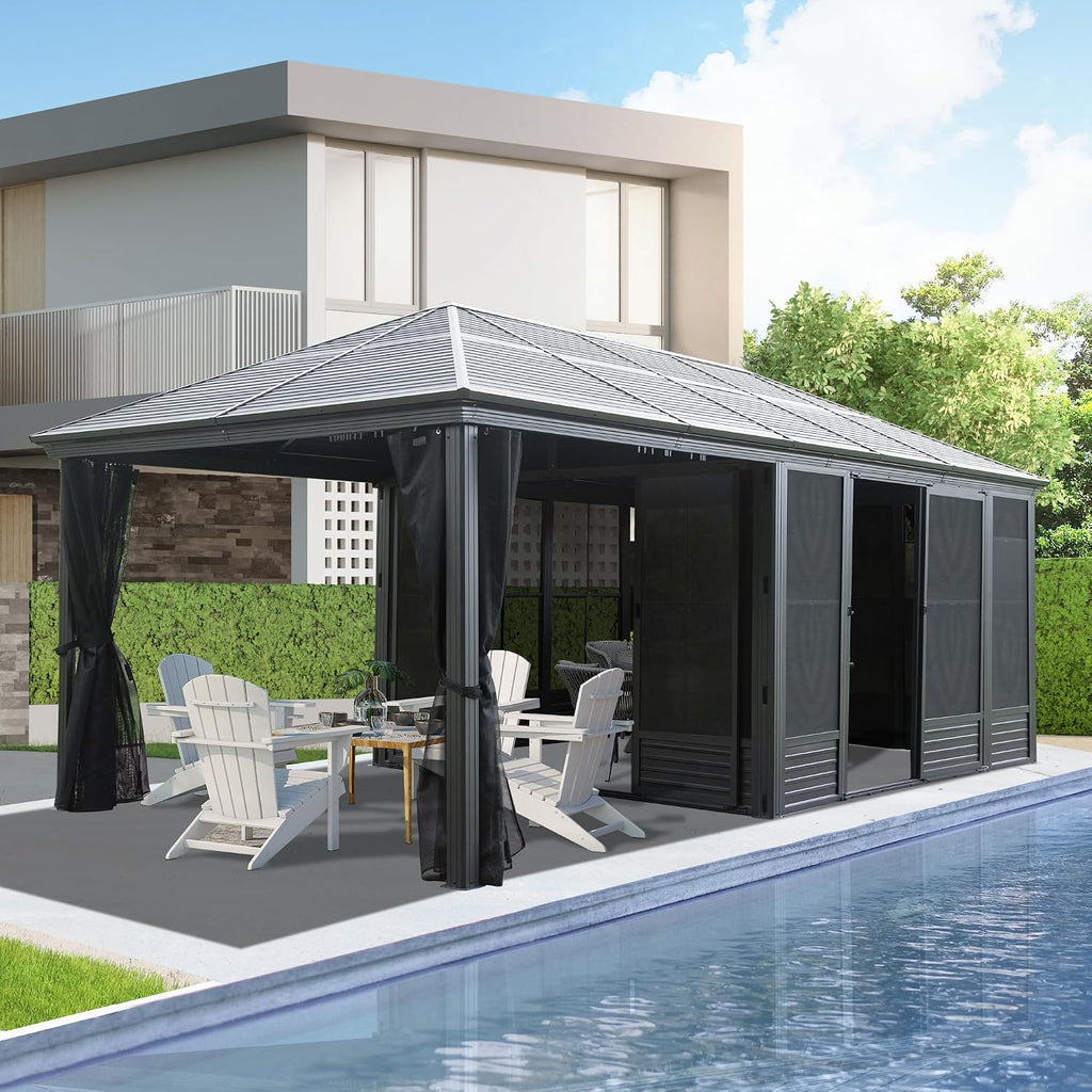 Domi 11x21FT Extended Outdoor Sunroom Kit, 4 Season Patio Solarium, Prefab Sunroom Kit with Aluminum Frame, Permanent Enclosed Gazebo with Curtains & Netting, 2 Sliding Doors, Movable PVC Windows