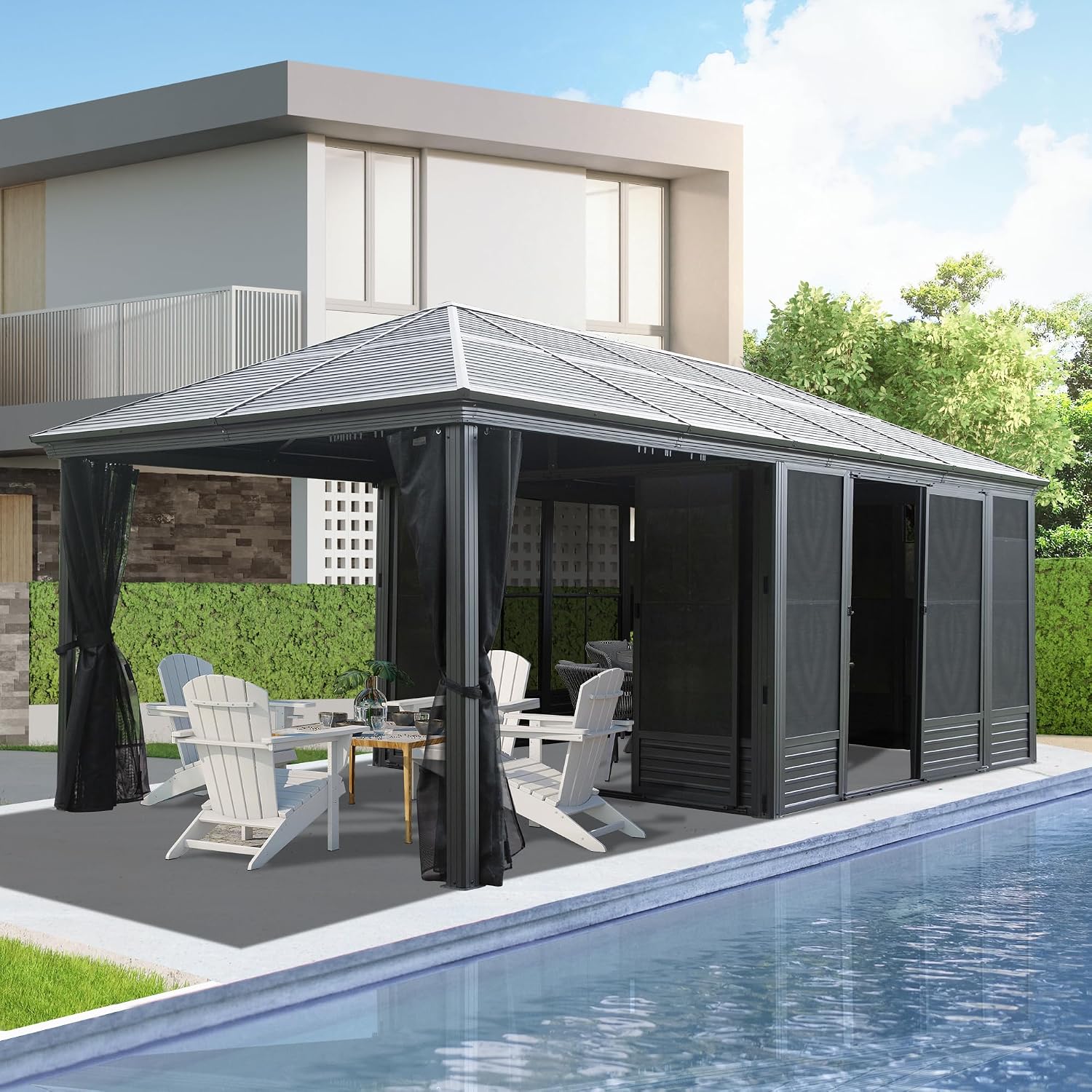 Domi 11x21FT Extended Outdoor Sunroom Kit, 4 Season Patio Solarium, Prefab Sunroom Kit with Aluminum Frame, Permanent Enclosed Gazebo with Curtains & Netting, 2 Sliding Doors, Movable PVC Windows
