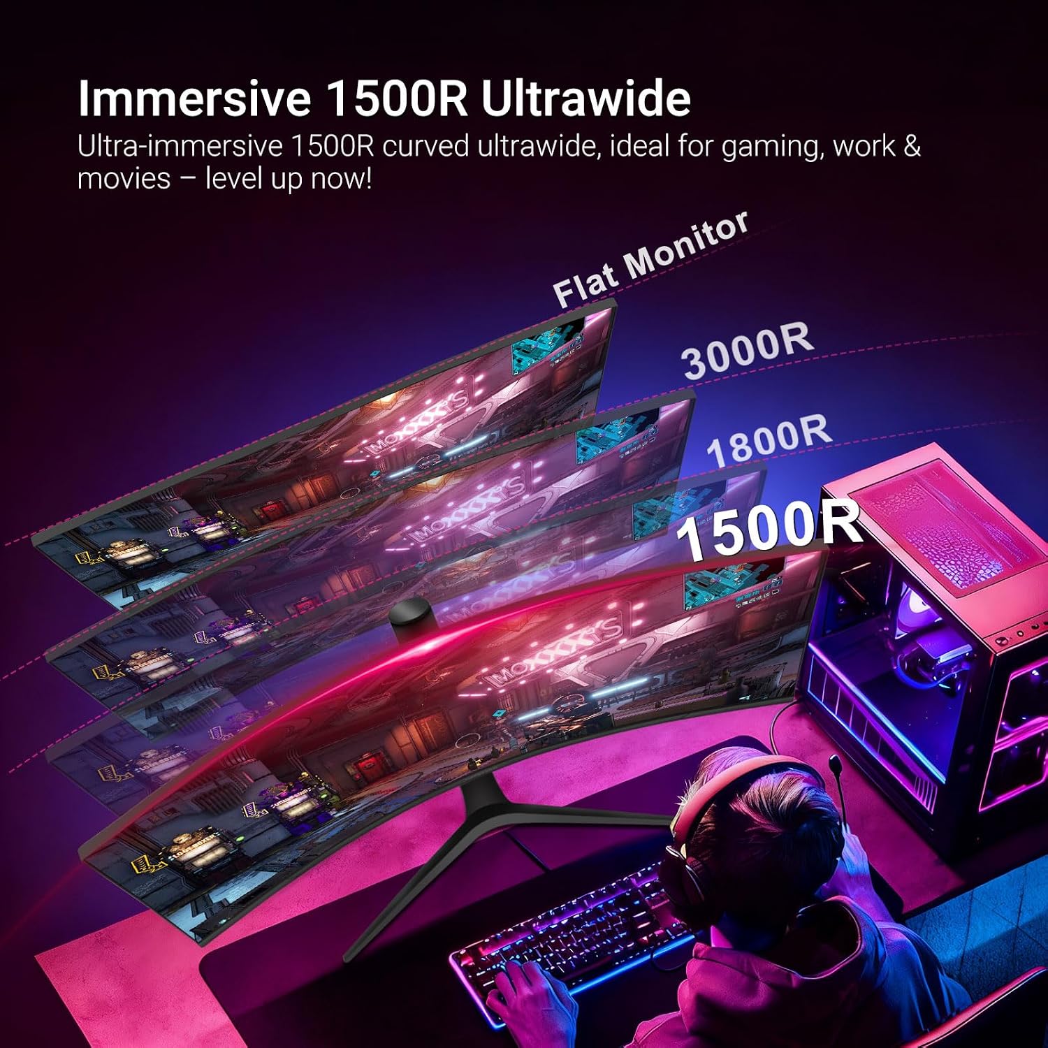 34' Curved Ultrawide Monitor with Speakers, 180Hz WQHD 3440x1440 1500R Wide Gaming Monitors, 4000:1 Contrast, 126% sRGB, HDR10, PIP/PBP, FreeSync, 1ms, Height/Swivel/Tilt Adjustable, HDMI x2, DP x2
