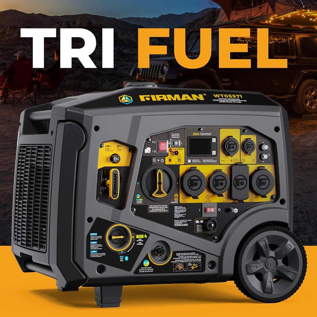 FIRMAN WT05571 Tri Fuel Inverter Portable Generator, 6850W Electric Start, Gas, Propane, Natural Gas Power, Whisper Series Quiet Operation, CO Alert Safety, RV Ready 120 240V Backup Generator