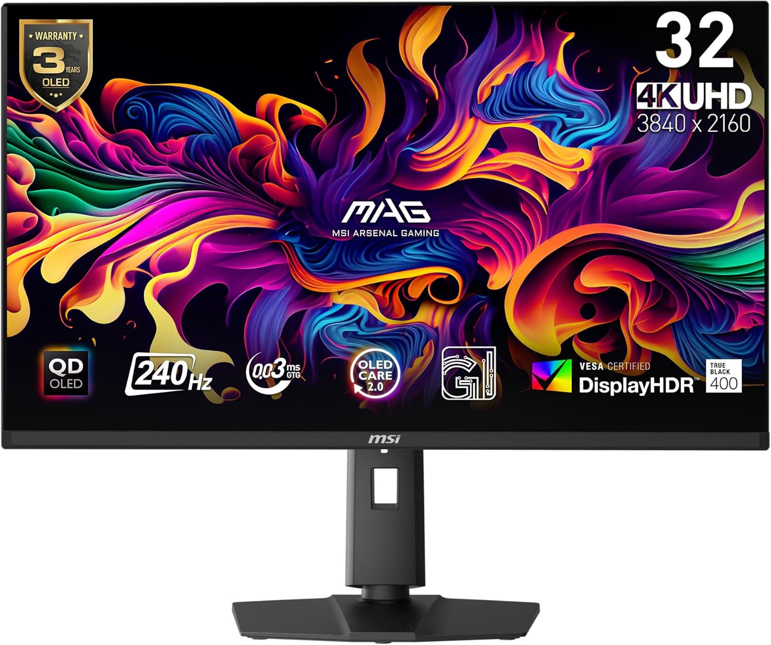 msi MAG 321UPX QD-OLED, 32' 4K UHD Quantum Dot OLED Gaming Monitor, 3840 x 2160, 0.03ms, 240Hz, True Black HDR 400, 15W USB Type C, HDMI, DP Port
