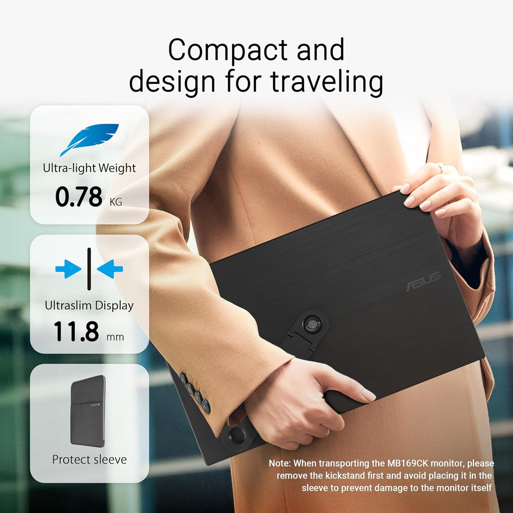 ASUS ZenScreen 15.6' Portable Monitor for Laptop (MB169CK) - Dual USB-C, Mini-HDMI, Plug & Play External Screen for Travel Dual Setup, Full HD, IPS, Anti-Glare Surface, 360° Kickstand, 3yr Warranty