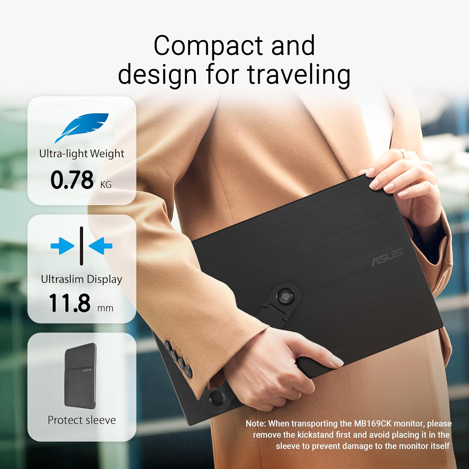 ASUS ZenScreen 15.6' Portable Monitor for Laptop (MB169CK) - Dual USB-C, Mini-HDMI, Plug & Play External Screen for Travel Dual Setup, Full HD, IPS, Anti-Glare Surface, 360° Kickstand, 3yr Warranty