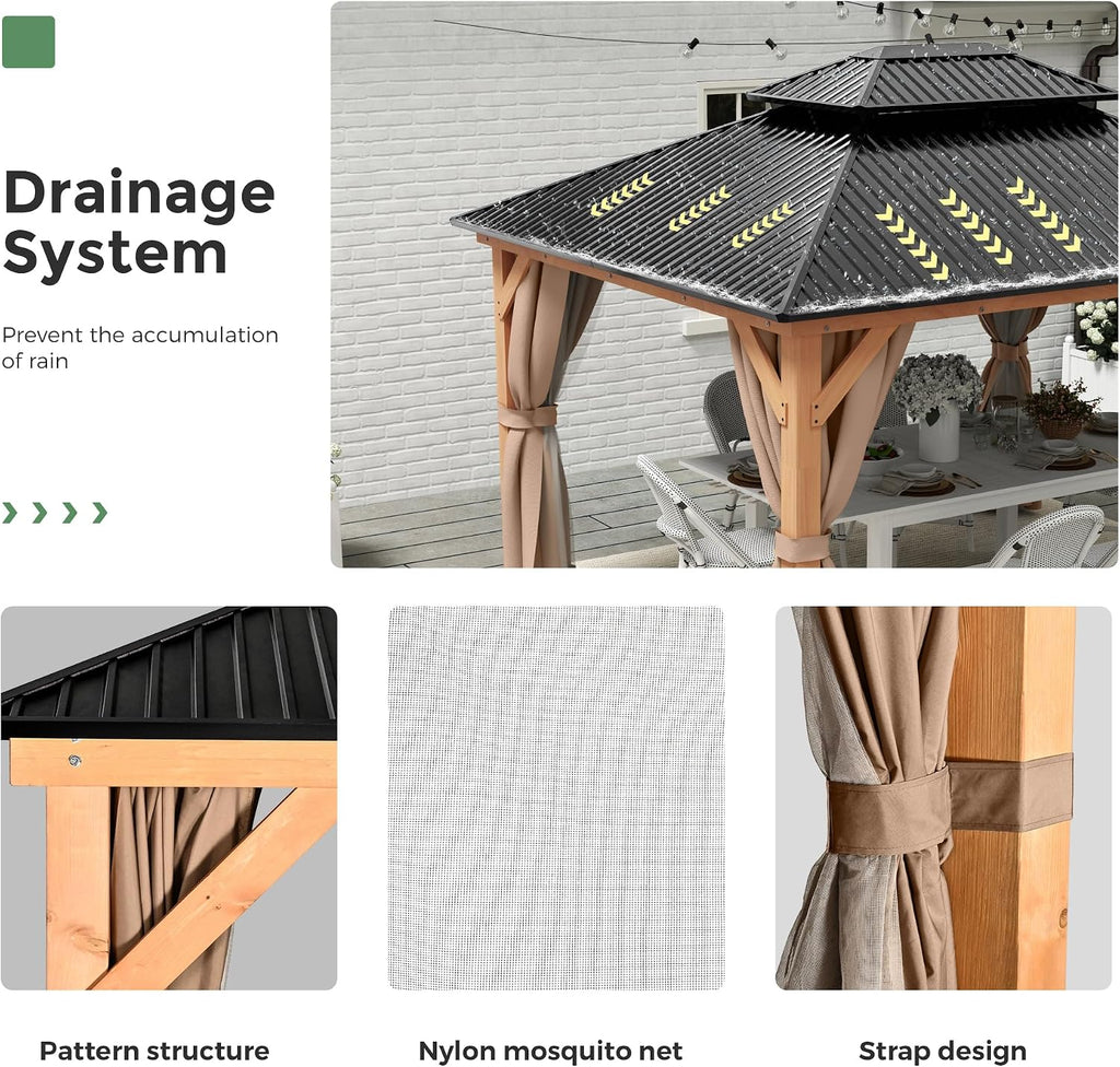 11x13 Wood Gazebo, Outdoor Hardtop Gazebo with Netting and Curtains, Double Galvanized Steel Roof, Deck Hard Top for Backyard, Patio (Brown)