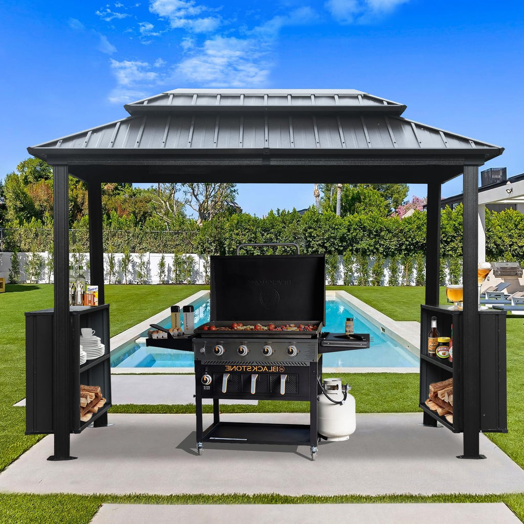Domi 6x10FT Hardtop Grill Gazebo, Outdoor BBQ Gazebo with Double Galvanized Steel Roof, Metal Permanent Sun Shade Grill Canopy Shelter with 2 Storage Cabinets and Ceiling Hooks for Patio Yard, Gray