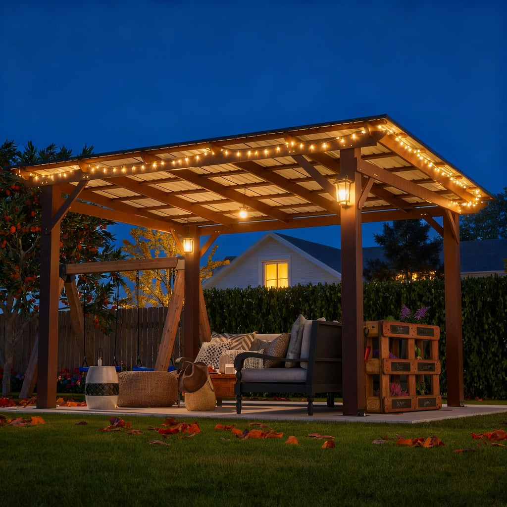 10' x 13' Hardtop Gazebo, Outdoor Pergola with Metal Roof, Grill Gazebo with Wooden Frame & Galvanized Steel Lean to Canopy, Pavilion for Patio, BBQ,Backyard, Garden, fir Wood