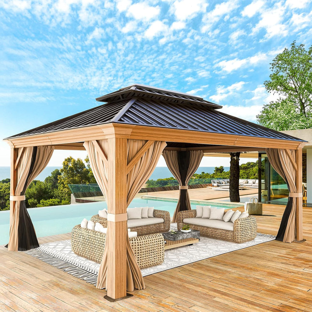YOLENY 12' x 14' Hardtop Gazebo Wood Grain Aluminum Frame Gazebo, Outdoor Permanent Metal Pavilion with Netting and Curtains for Deck, Backyard, Patio, Lawns