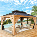 YOLENY 12' x 14' Hardtop Gazebo Wood Grain Aluminum Frame Gazebo, Outdoor Permanent Metal Pavilion with Netting and Curtains for Deck, Backyard, Patio, Lawns