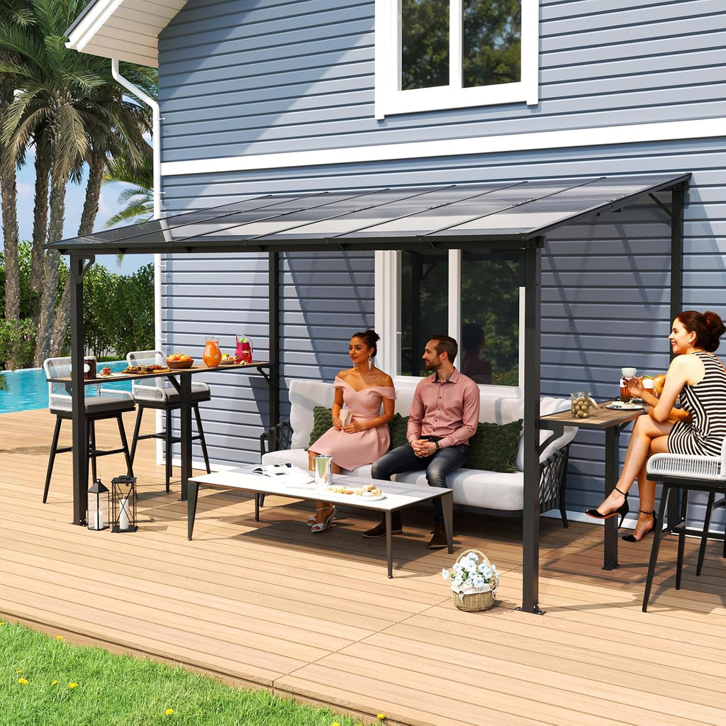 MEISSALIVVE 8' x 12' Wall Mounted Gazebo, Outdoor BBQ Grill Gazebo with Side Shelf, Lean to Metal Awnings with Sloped Roof, Heavy Duty Pergola for Backyard, Deck, Black