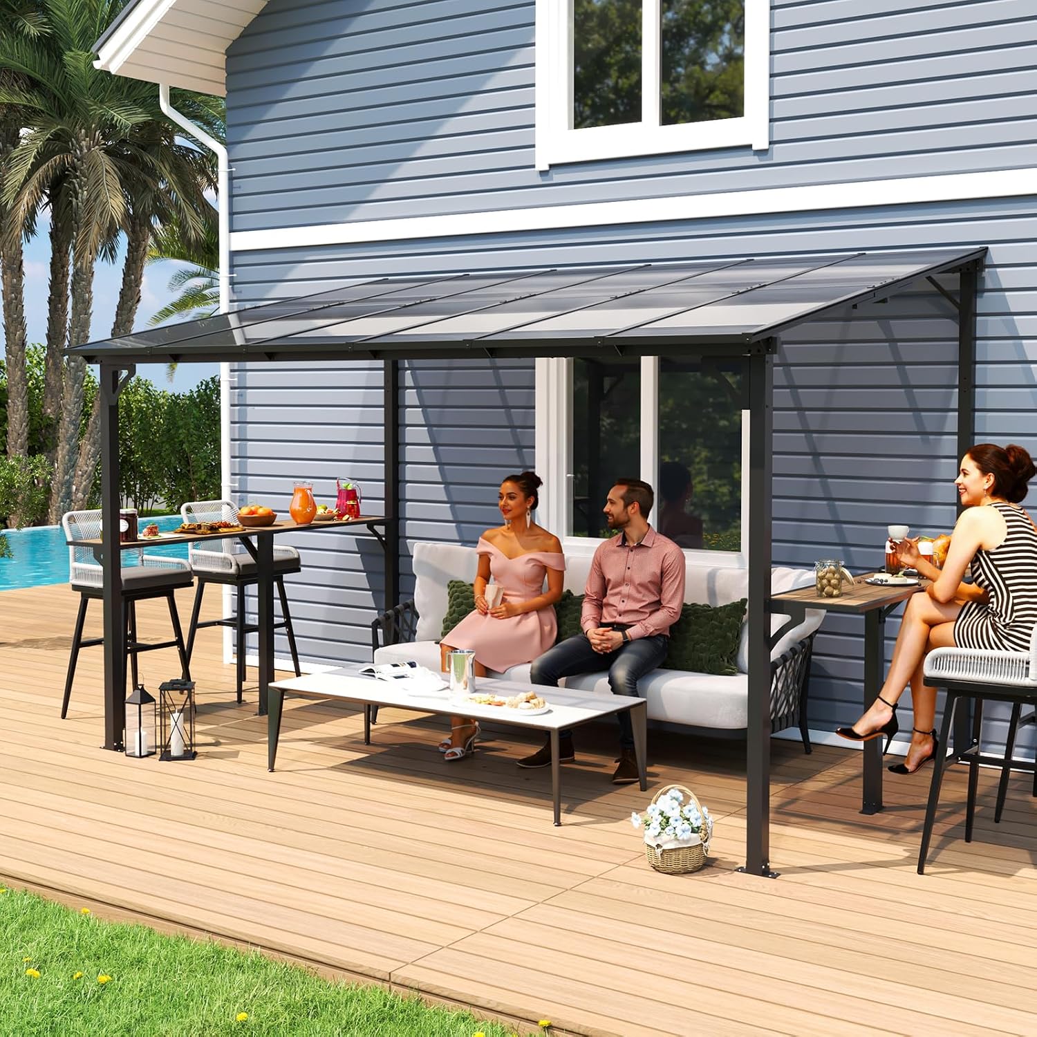 MEISSALIVVE 8' x 12' Wall Mounted Gazebo, Outdoor BBQ Grill Gazebo with Side Shelf, Lean to Metal Awnings with Sloped Roof, Heavy Duty Pergola for Backyard, Deck, Black