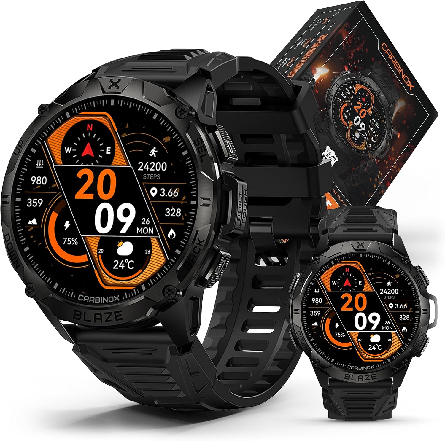 CARBINOX Blaze Smart Watch with GPS – Rugged Fitness Trackers, IP69K Waterproof, 170+ Sports Modes, Gorilla Glass, Make/Receive Calls, Android & iOS Compatible